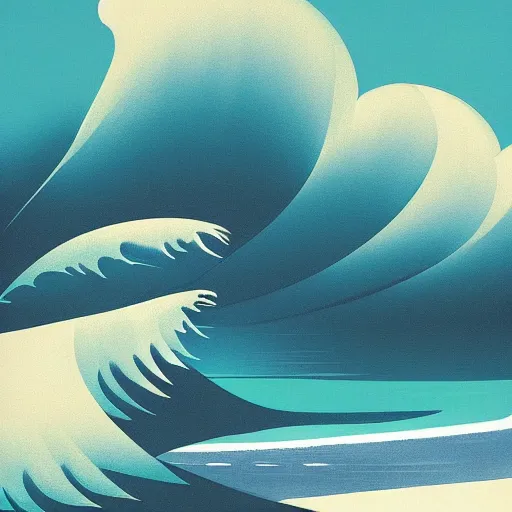 Image similar to waves crashing on the shore, by eyvind earle