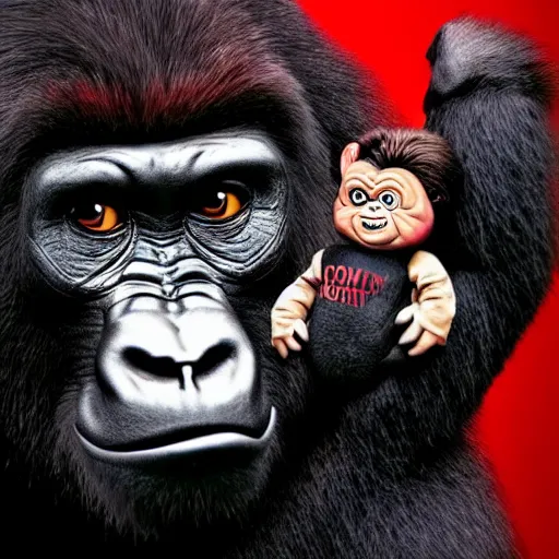 Prompt: stunning awe inspiring a gorilla holding chucky the killer doll movie still 8 k hdr atmospheric lighting