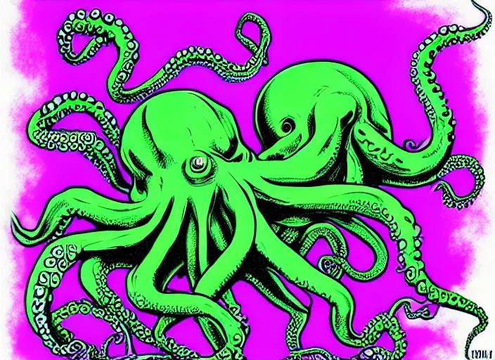 Image similar to highly detailed graphitti, Cthulhu, octopus, waves, bold colors, graphitti, digital spray paint graphitti