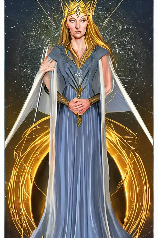 Image similar to tarot illustration of galadriel as the empress by artstation