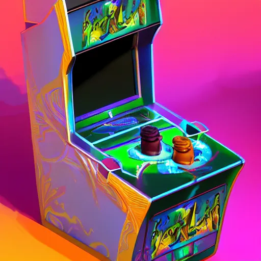 Image similar to arcade cabinet, translucid skin, slik design, colorful chrome:: by beeple and James Gilleard and Justin Gerard :: ornate, dynamic, particulate, intricate, elegant, highly detailed, centered, artstation, smooth, sharp focus, octane render, 3d