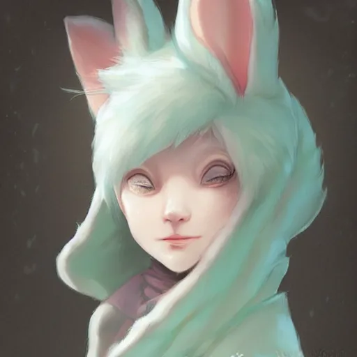 Image similar to aesthetic portrait commission of a albino male furry anthro cute bunny wearing a cute mint colored cozy soft pastel winter outfit, winter Atmosphere. Character design by charlie bowater, ross tran, artgerm, and makoto shinkai, detailed, inked, western comic book art, 2021 award winning painting