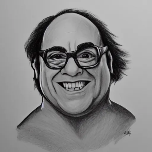 Image similar to black and white pencil sketch of a muscular Danny DeVito