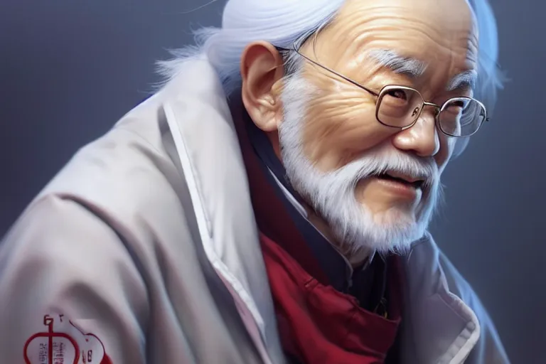 Image similar to a cute female doctor in a white coat, a chinese old man, cinematic, highly detailed, digital painting, artstation, concept art, matte, sharp focus, illustration, art by artgerm and greg rutkowski