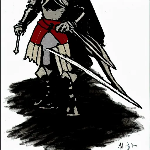 Prompt: medieval knight crying concept art in the style of mike mignola