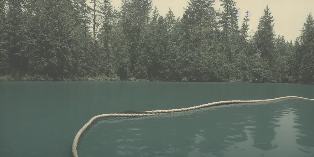 Prompt: symmetrical photograph of a very long rope on the surface of the water, the rope is snaking from the foreground stretching out towards the center of the lake, a dark lake on a cloudy day, trees in the background, moody scene, dreamy kodak color stock, anamorphic lens