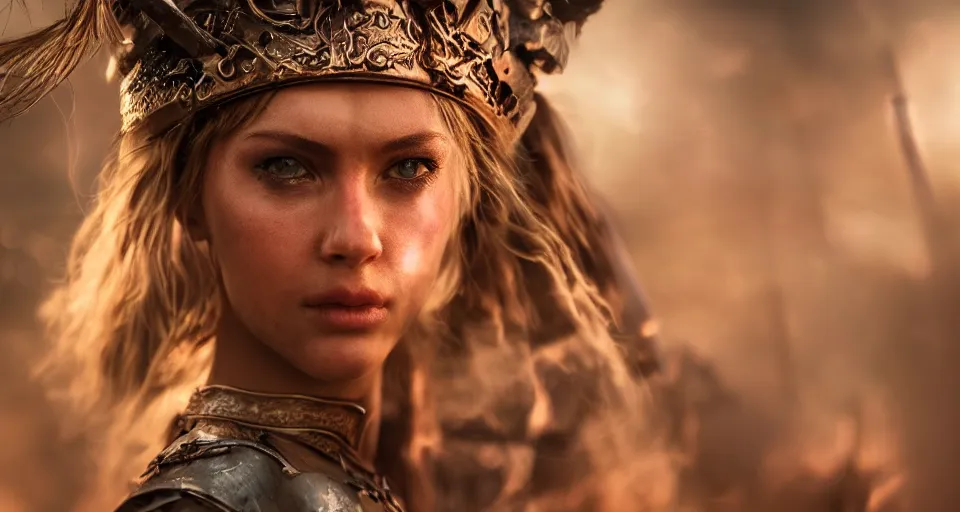 Image similar to close-up photo of a beautiful warrior princess in a battle scene, shallow depth of field, photorealistic, cinematic lighting, warm colours, dusk