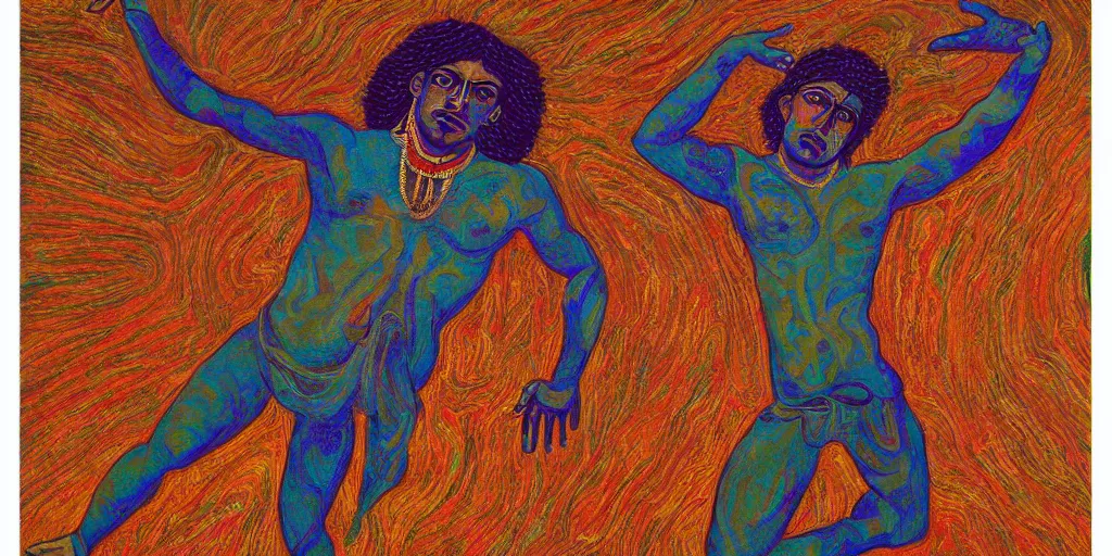 Prompt: an abstract spiritual background, portrait of a virile latino greek god dancing. 2 4 mm, photorealistic, muted color scheme, directed by mati klarwein