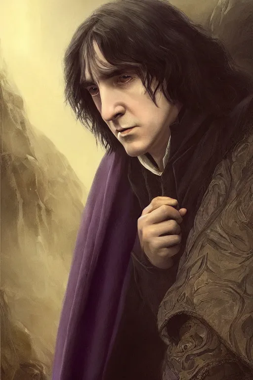 Prompt: breathtaking detailed soft painting of a young severus snape with a long silver cloak, with a twilight castle in an amethyst sky, rembrandt style, elegant, highly detailed, artstation, concept art, matte, sharp focus, art by tom bagshaw, casimir art, kelogsloops and greg rutkowski