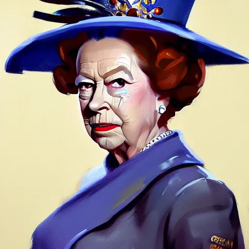 Image similar to greg manchess portrait painting of queen elizabeth ii as overwatch character, medium shot, asymmetrical, profile picture, organic painting, rainy day, matte painting, bold shapes, hard edges, street art, trending on artstation, by huang guangjian and gil elvgren and sachin teng