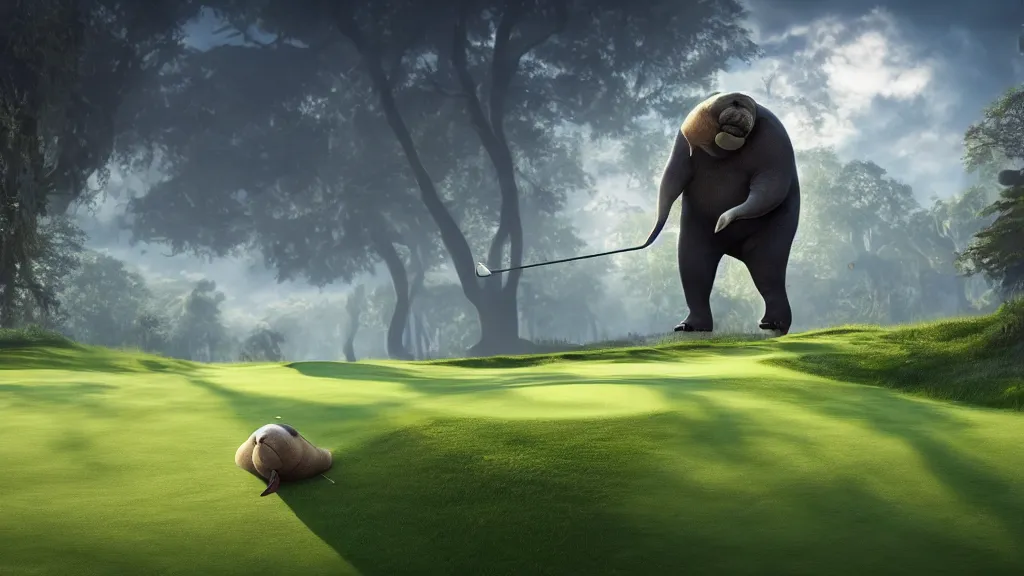 Image similar to a walrus on a golf course, fantasy artwork, hd, hdr, ue 5, ue 6, unreal engine 5, cinematic 4 k wallpaper, 8 k, ultra detailed, high resolution, artstation, award winning