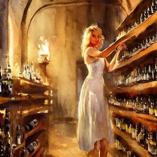 Image similar to beautiful blonde in hot dress in a wine cellar, food, pork, beer, schnapps, rustic, traditional, torches on the wall, watercolor by vladimir volegov and anders zorn, highly detailed, masterpiece