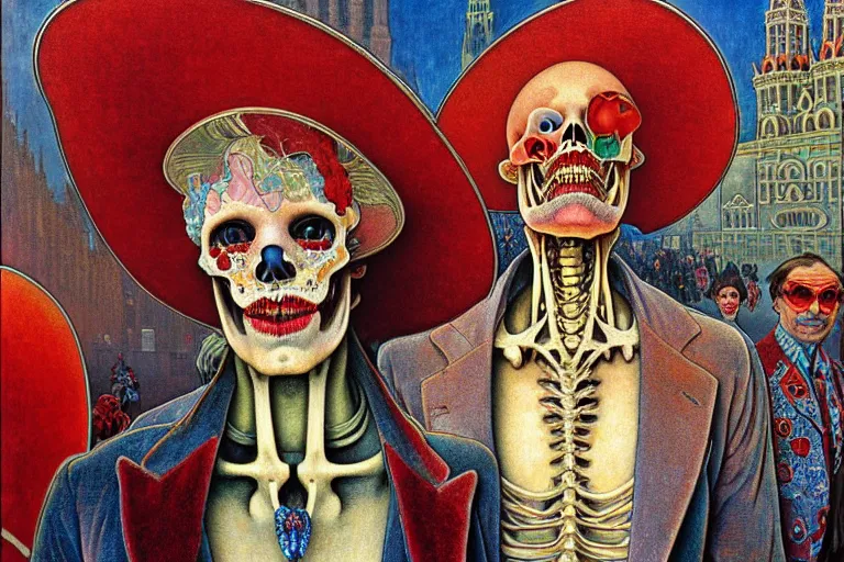 Image similar to realistic detailed closeup portrait painting of a single skeleton wearing red velvet blazer in a crowded futuristic moscow street by Jean Delville, Amano, Yves Tanguy, Alphonse Mucha, Ernst Haeckel, Edward Robert Hughes, Roger Dean, rich moody colours, blue eyes