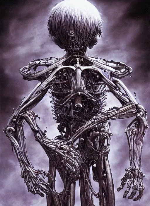 Image similar to Shinji Ikari by Yoshitaka Amano, by HR Giger, biomechanical, 4k, hyper detailed, hyperrealism, anime, a Blood Moon rising on a Broken World, deviantart, artstation