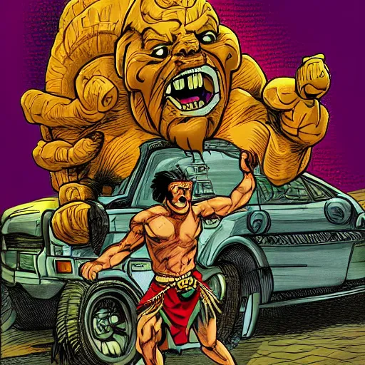 Prompt: A rampaging giant tropical tiki, stomping on cars and holding a screaming woman in his hand John Byrne layout, modern digital art finishing, high detail,