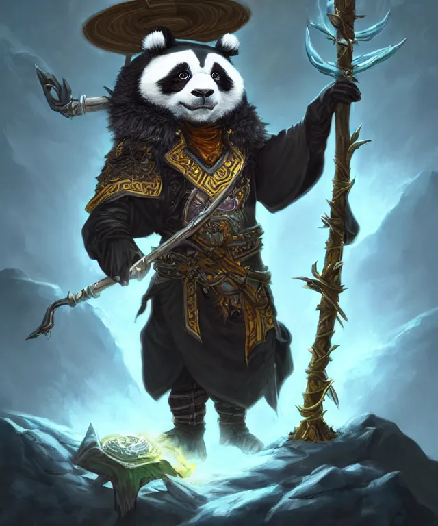 Image similar to a portrait an anthropomorphic panda warlock holding a staff, wearing warlock robes with spiked shoulders, landscape in background, dnd character art portrait, world of warcraft style, by peter mohrbacher, cinematic lighting