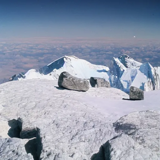 Image similar to stonehenge at the top of everest, with pyramids visible at the horizon