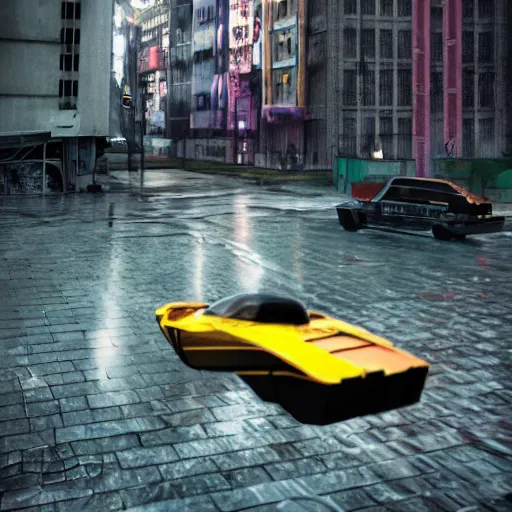 Image similar to Photo realistic render, 8K UHD, gasolinepunk style: ( background = gasolinepunk city street+ background detail = raining, gasolinepunk architecture, high detailed, large depth of field) + (subject =Gasolinepunk hover car, Artstation style + subject detailed = Aqua retro, flying, high detailed, high detailed texture render, highly accurate light refraction)