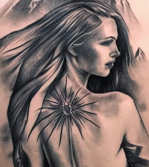 Image similar to tattoo design sketch of a beautiful woman face against a background of beautiful mountains and nature, hyper - realistic, in the style of den yakovlev, amazing detail, black and white