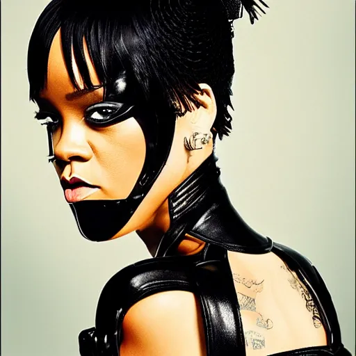 Prompt: detailed rihanna portrait black leather gantz clothes by shunya yamashita