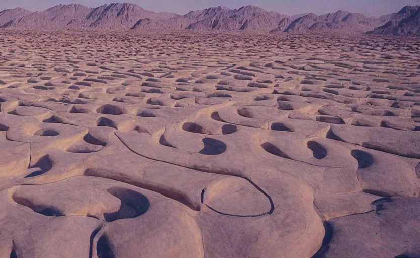 Prompt: high quality 2000s historic footage of a labyrinth in the desert with giant marble walls, color aerial photo drone, Cinestill 800t, heavy grainy picture, very detailed, high quality, 4k panoramic