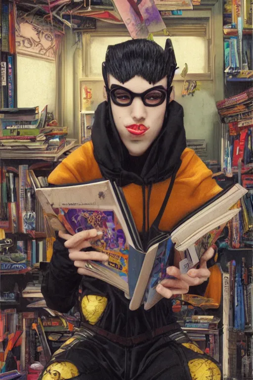 Prompt: cybergoth guy reading a book in a cluttered messy 9 0 s bedroom, artgerm, tom bagshaw, gerald brom, vaporwave, vaporwave colors, 9 0 s, 9 0 s aesthetic, perfect face, detailed face, symmetrical face,