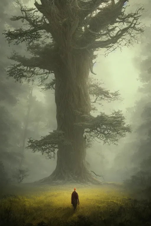 Image similar to The lonely tree in the middle of the forest, illustrated by Greg Rutkowski and Caspar David Friedrich., Trending on artstation, artstationHD, artstationHQ, 4k, 8k