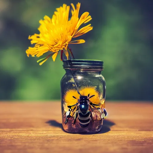 Prompt: a photo of a bee in a jar on a table