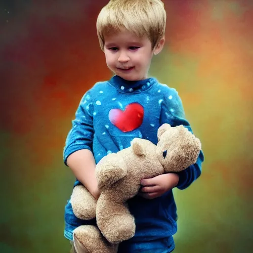 Image similar to little kid holding teddy bear, digital art