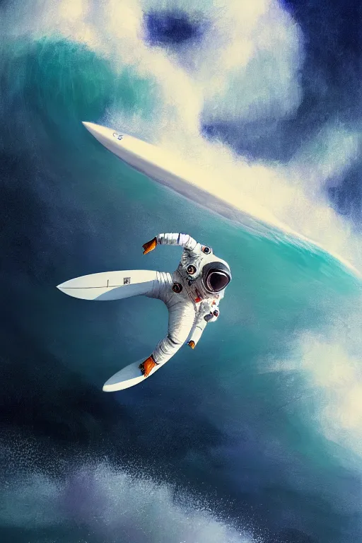 Image similar to a beautiful digital painting of an astronaut in a white space suit surfing the great wave on a surfboard by greg rutkowski, photorealistic, trending on artstation, octane render