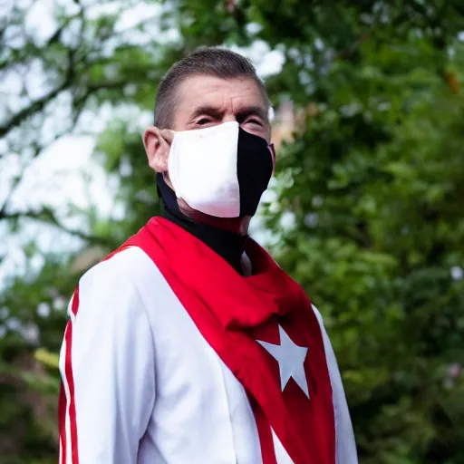 Prompt: a man wearing a white mask with a red stripe on it