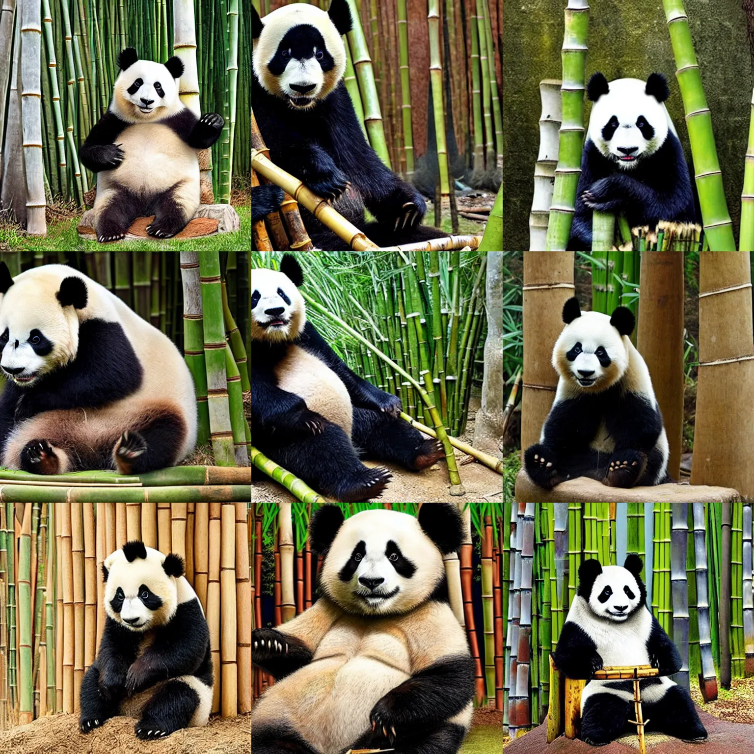 Prompt: a panda sitting on a game of thrones throne made of bamboo