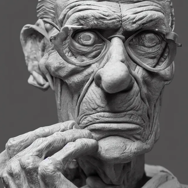 Prompt: photography of a sculpture of Samuel Beckett by Mahesh Nambiar and Michelangelo, made of clay, 50mm, studio atmosphere, 8K, rim light, octane render, ultra-realistic