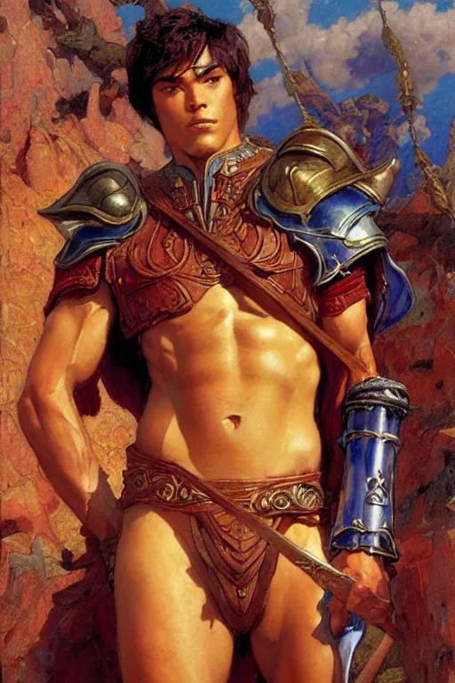 Image similar to tales of earthsea, attractive muscular male with armor, character design, painting by gaston bussiere, craig mullins, j. c. leyendecker, tom of finland