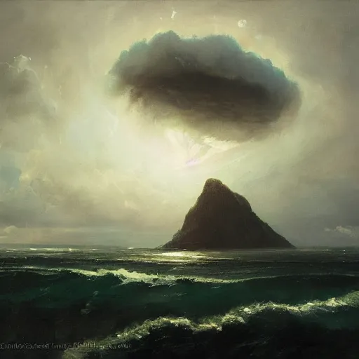 Image similar to island floating in the sky caught in a hurricane, oil painting, by greg rutkowski