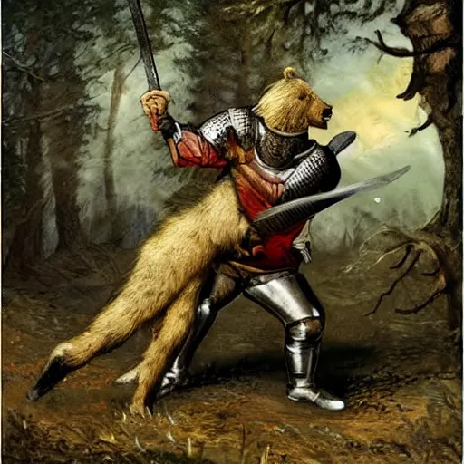 Image similar to medieval knight fights a bear. the bear is gigantic