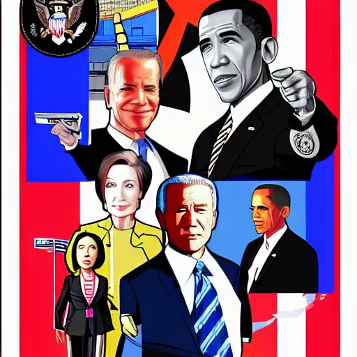 Prompt: gta chinatown wars art style as joe biden, george w bush, nancy pelosi, hot asian babes, obama, on next gta poster, hyperrealistic, rgba colors, remove duplicate content, justify contents center.