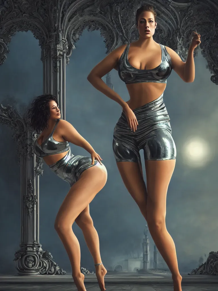 Image similar to beautiful ashley graham in lycra yoga shorts, chrome futuristic detail misty foggy mike jordana, konstantin porubov, valeriy vegera, hypermaximalist, elegant, ornate, rococo, baroque ornament detail, elite, creepy, radiant, matte painting, cinematic, cinematic lighting, corel painter, cgsociety, atmospheric