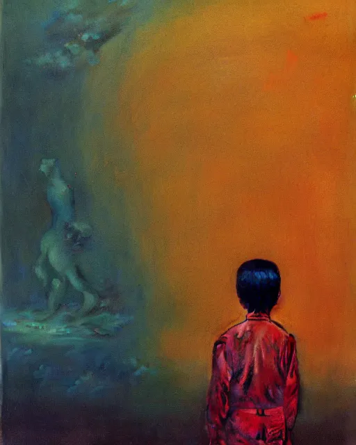 Prompt: 8k professional photo of an 8 years old boy standing in front of a computer from 90s monitor screen, Beksinski impasto painting, part by Adrian Ghenie and Gerhard Richter. art by Takato Yamamoto, masterpiece