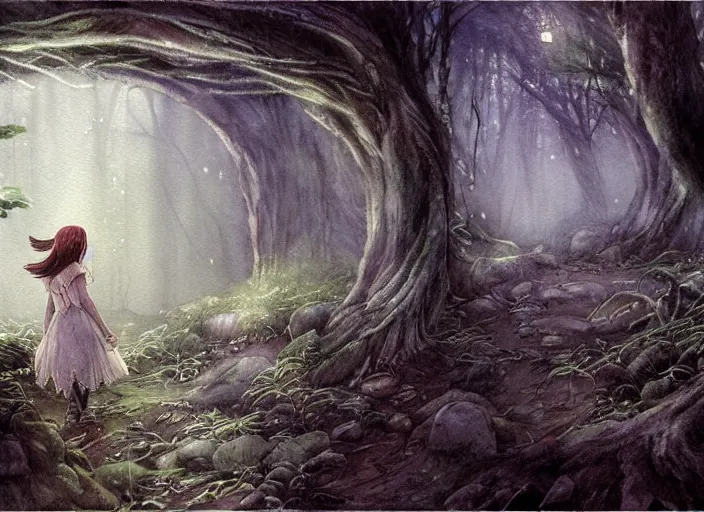 Prompt: young elf girl singing in the forest with fairy lights, light ground fog, river, detailed fantasy watercolor comic style, subtle colors, by alan lee and tony sart