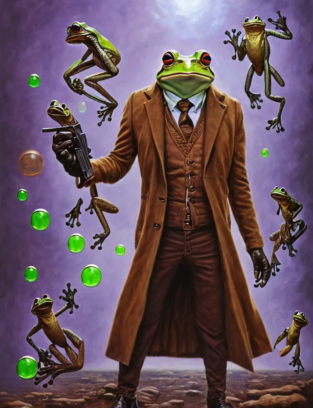 Image similar to anthropomorphic bipedal frog that is wearing a brown leather trenchcoat, and dual wielding revolver pistols, as a matte oil painting and d & d character art, by alex grey, standing, fullbody, floating bubbles, enlightenment, mystic, concept art, award - winning, extremely detailed, sharp focus