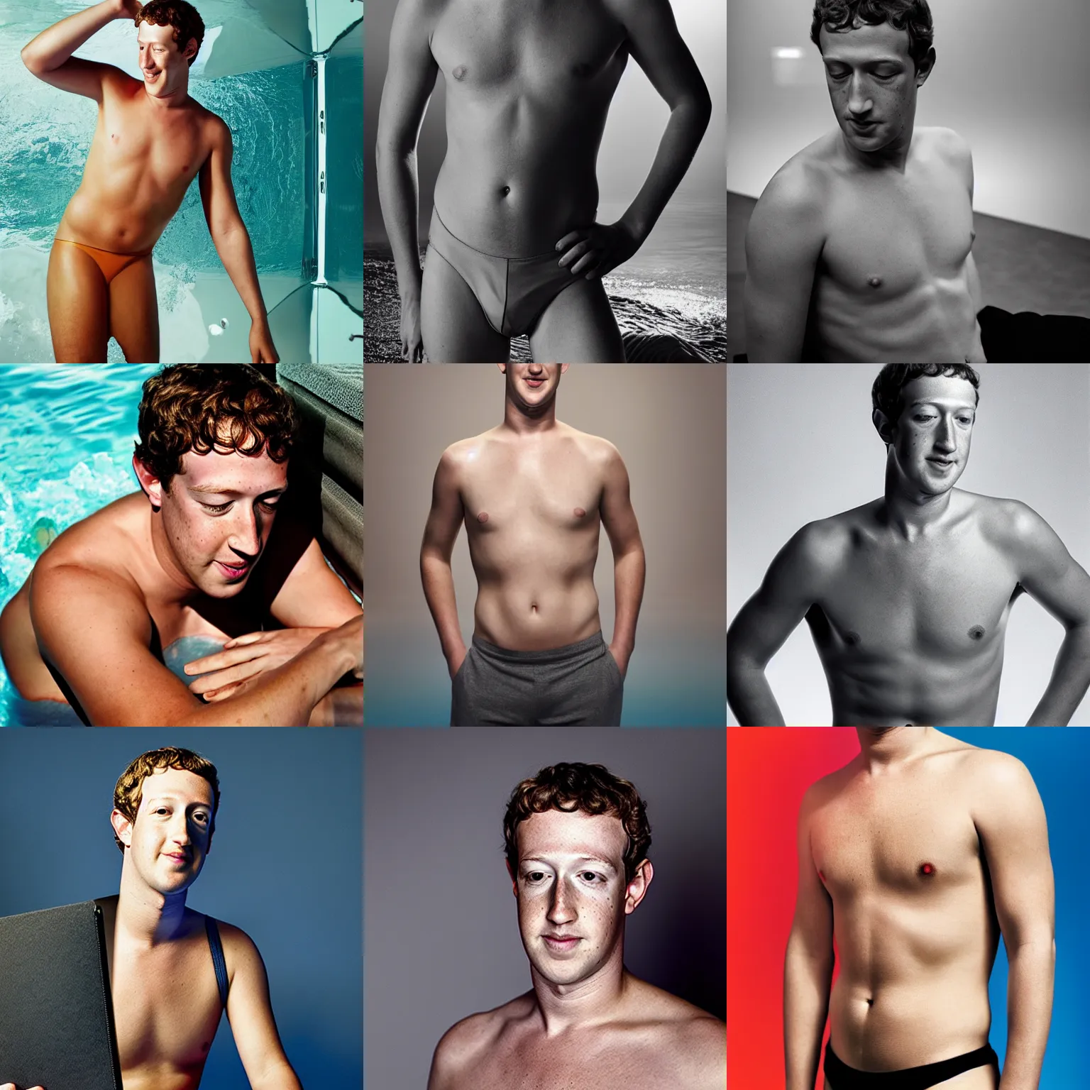 Prompt: Photo of Mark Zuckerberg in swimsuit, soft studio lighting, photo taken by Martin Schoeller for Calvin Klein, award-winning photo, 24mm f/1.4