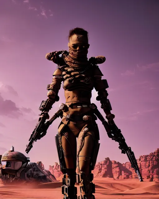 Image similar to render of a futuristic female desert nomad, apocalyptic style, style of Star Wars, style of Horizon Zero Dawn, part by Tsutomu Nihei, part by Emil Melmoth, part by Craig Mullins, part by Yoji Shinkawa, centre image, dof, golden hour, 8k