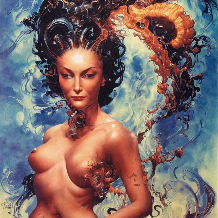 Image similar to portrait of a woman with swirling hair and fractal skin by frank frazetta, retrofuturism, psychedelic art reimagined by industrial light and magic