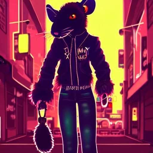 Image similar to beautiful furry digital art portrait commission of an androgynous furry anthro rat fursona wearing punk clothes in the streets of a cyberpunk city. neon signs. character design by charlie bowater, ross tran, artgerm, and makoto shinkai