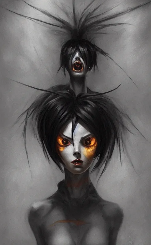 Image similar to dark portrait painting of tracer from overwatch, in style of zdzisław beksinski, scary, horror, feminine facial features, overwatch tracer character, detailed face, dressed in dark garment, black tendrils, tall,