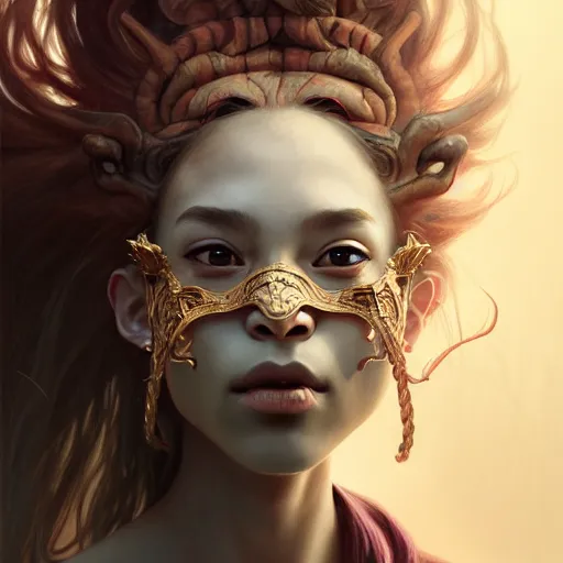 Image similar to Portrait of a girl with oni-half-mask smoke coming out of the nostrils, face, fantasy, intricate, elegant, highly detailed, digital painting, artstation, concept art, smooth, sharp focus, illustration, art by Wei Fan and Fernanda Suarez and Artem Demura and alphonse mucha