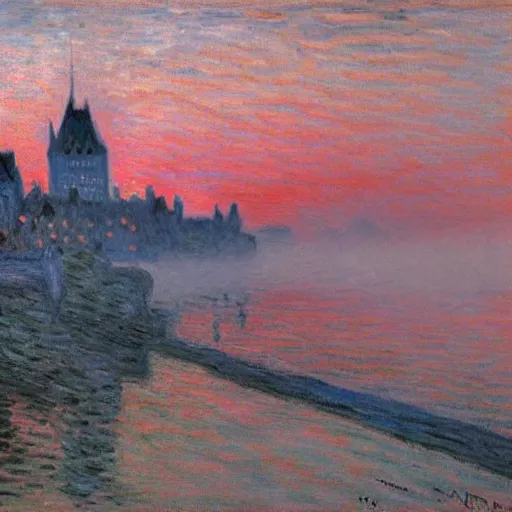 Image similar to quebec city!!! by claude monet! red sky!! misty!! fog! realistic! mysterious!!-H 800 - W 1080