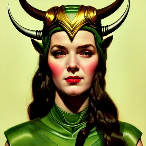 Image similar to head and shoulders portrait of a female Loki with horned helmet, illustration, medium shot, intricate, elegant, highly detailed, digital art, ffffound, art by gil elvgren and sachin teng