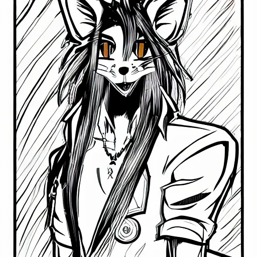 Prompt: close up of a male anthropomorphic fox furry with long hair, in the style of JoJo’s Bizarre Adventure, key manga ink line art